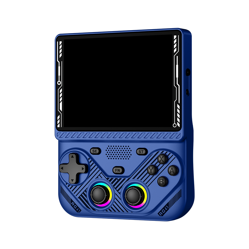 Console portatile retro blu AISLPC RG43V PRO mostrata da una vista frontale angolata con un grande display e due joystick RGB.