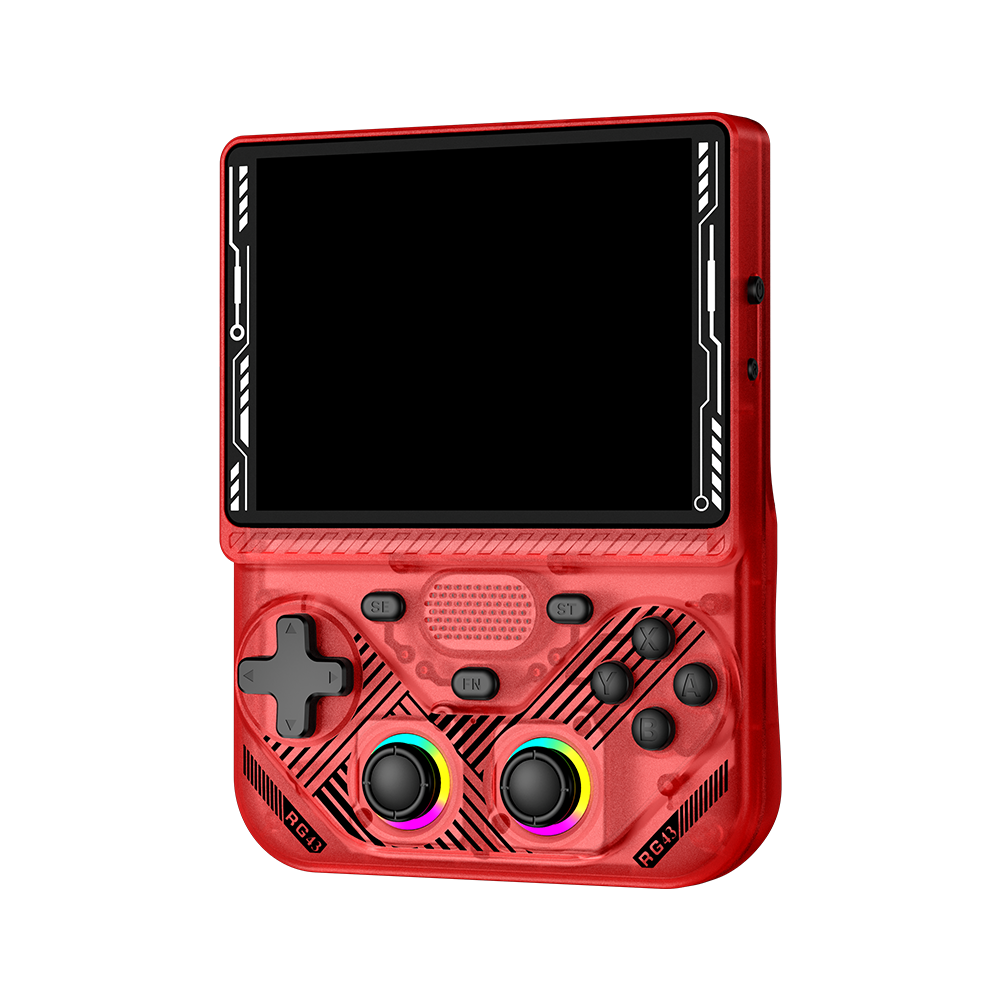 Console portatile retro AISLPC RG43V PRO rossa vista da un angolo anteriore con un grande schermo e due joystick RGB.
