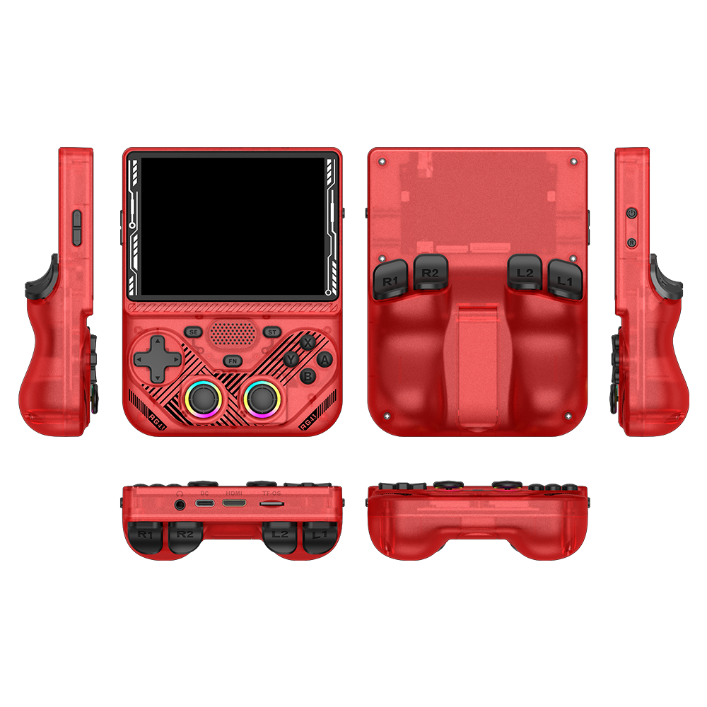 Console portatile retro AISLPC RG43V PRO rossa mostrata da più angolazioni, comprese viste frontale, posteriore, laterale, superiore e inferiore.