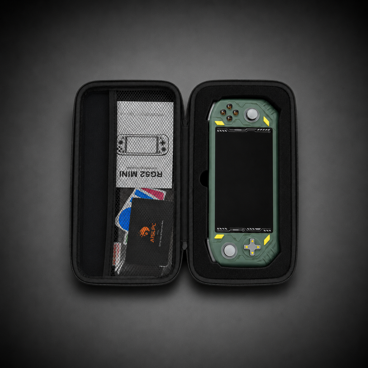 AISLPC RG52 MINI and RG52 PRO MAX carrying case open view showing a green handheld console, user manual, and protective storage compartments.