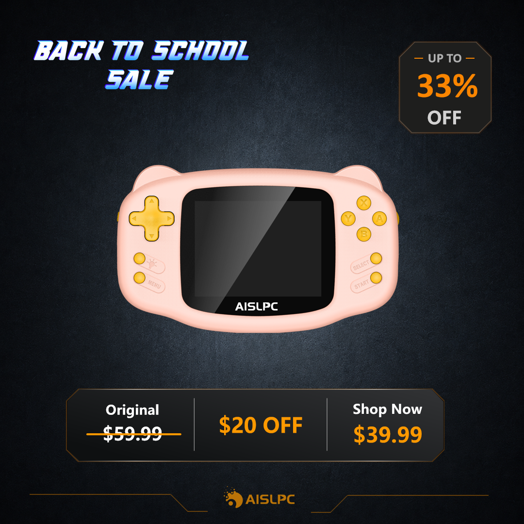 Back to School sale poster featuring the pink K32B retro gaming handheld console with 33% off, a $20 discount, original price $59.99, and sale price $39.99.