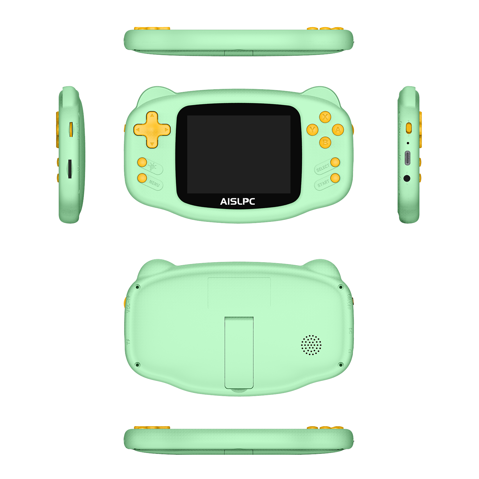Green K32B retro gaming handheld console shown in multiple product angles, including front, back, side, top, and bottom views, featuring yellow buttons, rear speaker holes, and AISLPC logo on the screen.