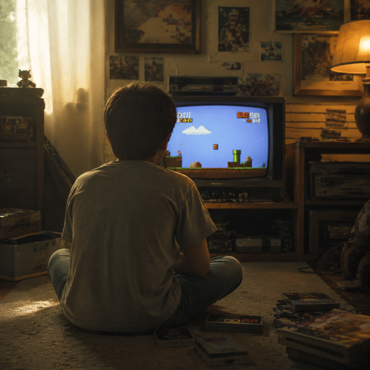 „Our Story“-Bild eines jungen Spielers auf dem Boden beim Retro-Videospiel an einem CRT-Fernseher in nostalgischem Wohnzimmer.