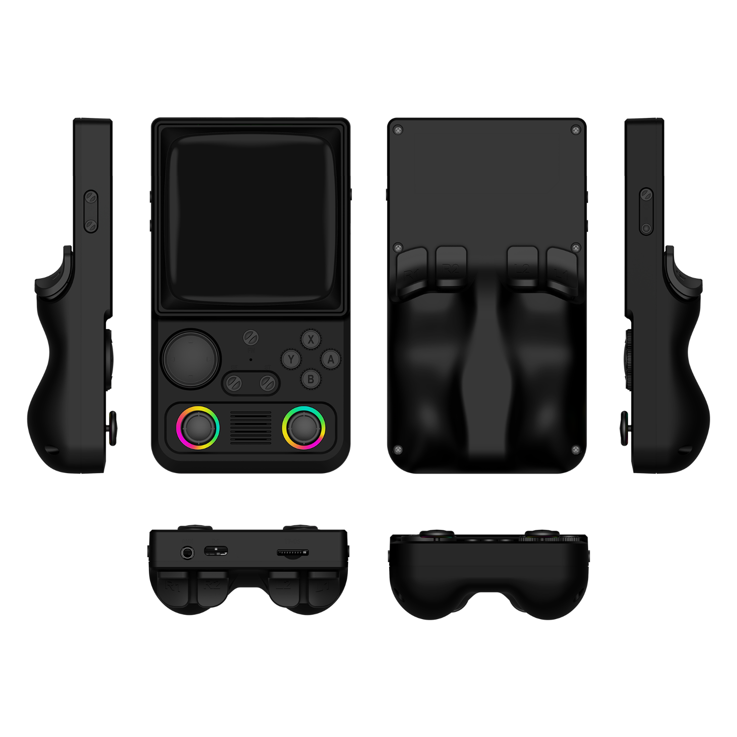 Console portatile retro nera R36T MAX mostrata da più angolazioni del prodotto, comprese viste frontali, posteriori, laterali, dall'alto e dal basso, con doppi joystick RGB e design ergonomico della presa posteriore.