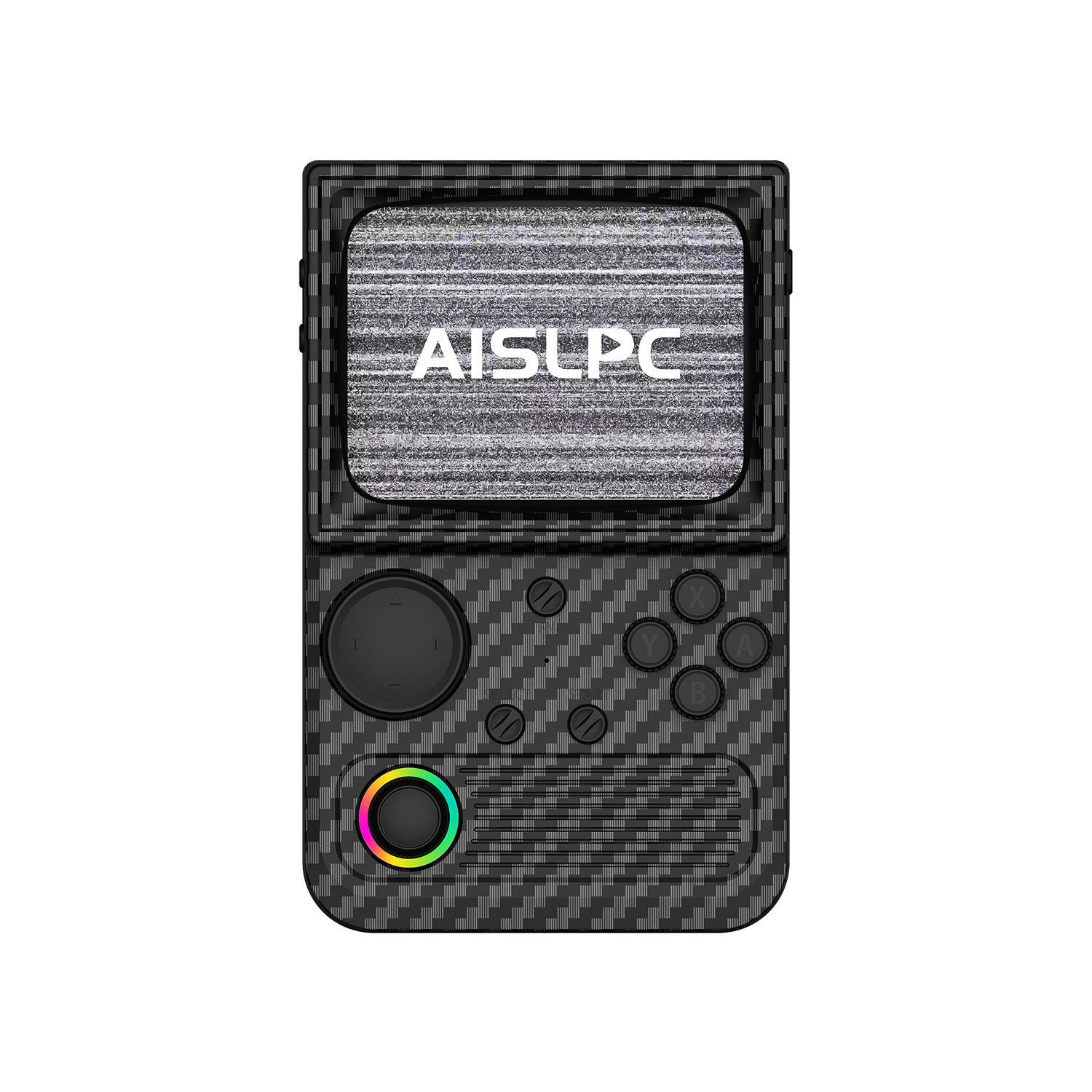 Carbon black R36T WiFi retro gaming handheld console front view with carbon fiber texture, black buttons, RGB joystick, and AISLPC logo on the screen.