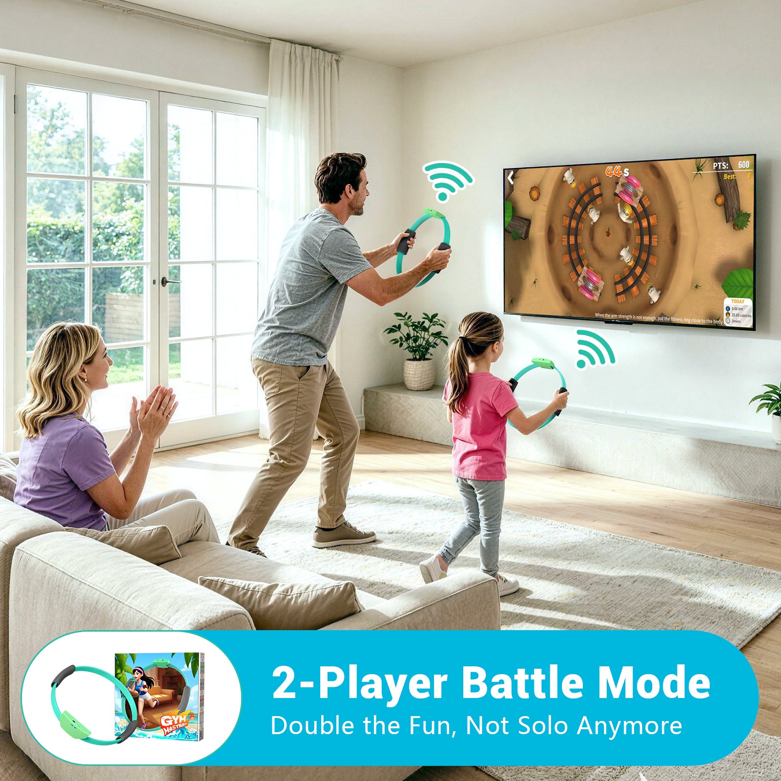AISLPC Familien-Bewegungsspielsystem im Zwei-Spieler-Versusmodus mit Fitness-Ring-Controllern für interaktives TV-Gaming zu Hause.