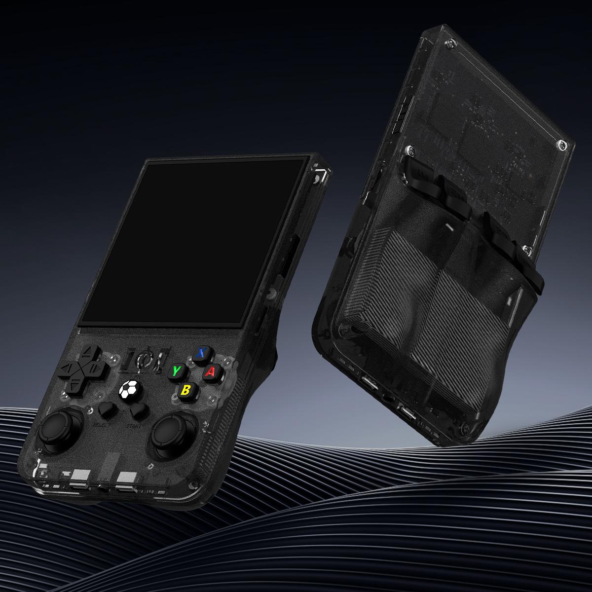 Schwarzer R36 MAX in Vorder- und Rückansicht mit transparentem Gehäuse, zwei Joysticks und rückseitigem Griff vor dunklem Wellenhintergrund.