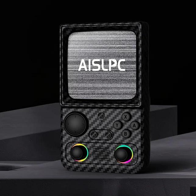 Console portatile retro nera R36T MAX con doppio joystick RGB, texture in fibra di carbonio e logo AISLPC sullo schermo.