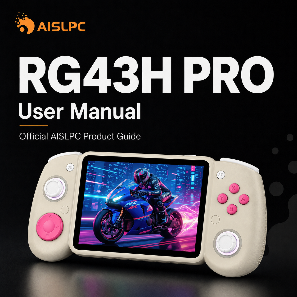 AISLPC RG43H PRO user manual blog cover featuring the official product guide and a cream retro handheld game console with a motorcycle game on screen.