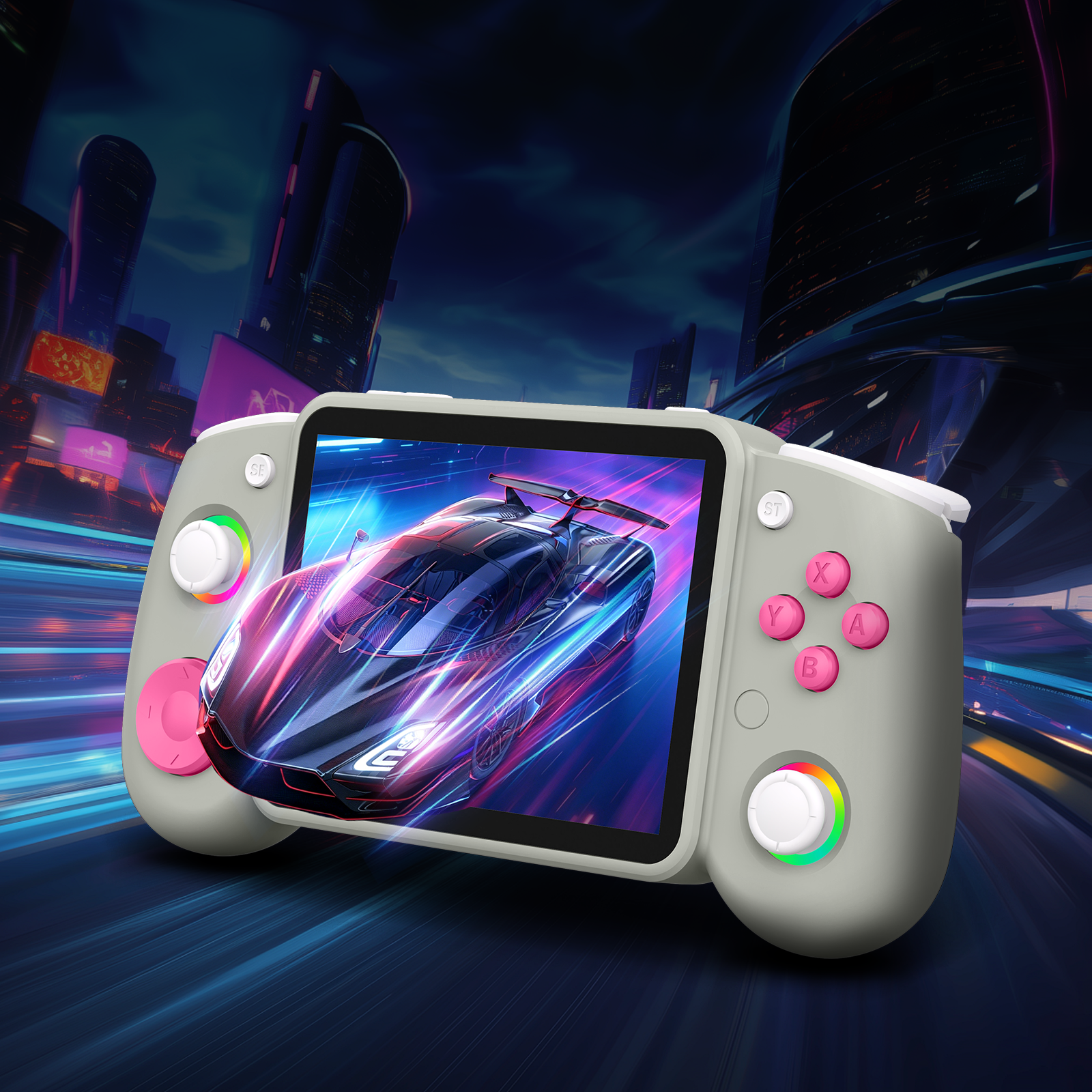 Weißer RG43H PRO in futuristischer Neon-Stadtszene mit pinken Tasten, RGB-beleuchteten Joysticks und Rennwagen auf dem Display.