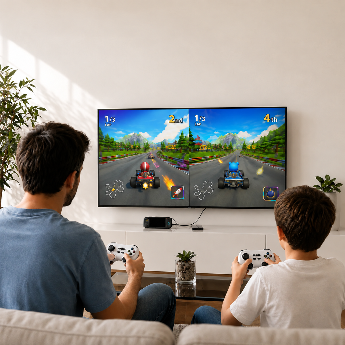 AISLPC two-player gaming blog cover showing a family playing racing games on a TV with handheld console controllers for multiplayer entertainment.