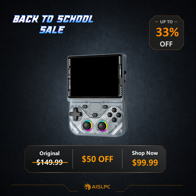 Manifesto per la vendita Rientro a scuola con la console portatile retro argento RG43V PRO con 33% di sconto, uno sconto di $50, prezzo originale $149.99 e prezzo in vendita $99.99