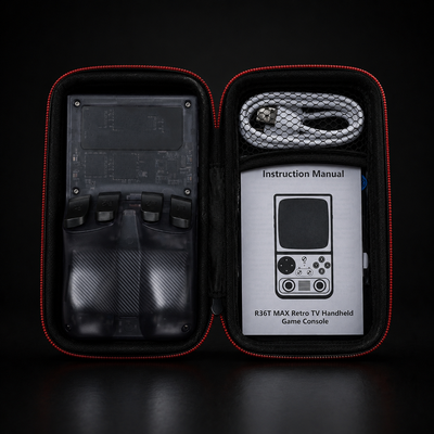 AISLPC GuardShell carrying case open view showing a retro gaming handheld console, instruction manual, and charging cable stored inside the protective case.