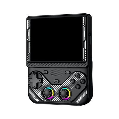 Console portatile retro nera AISLPC RG43V PRO mostrata da una vista frontale angolata con un grande display e doppi joystick RGB.