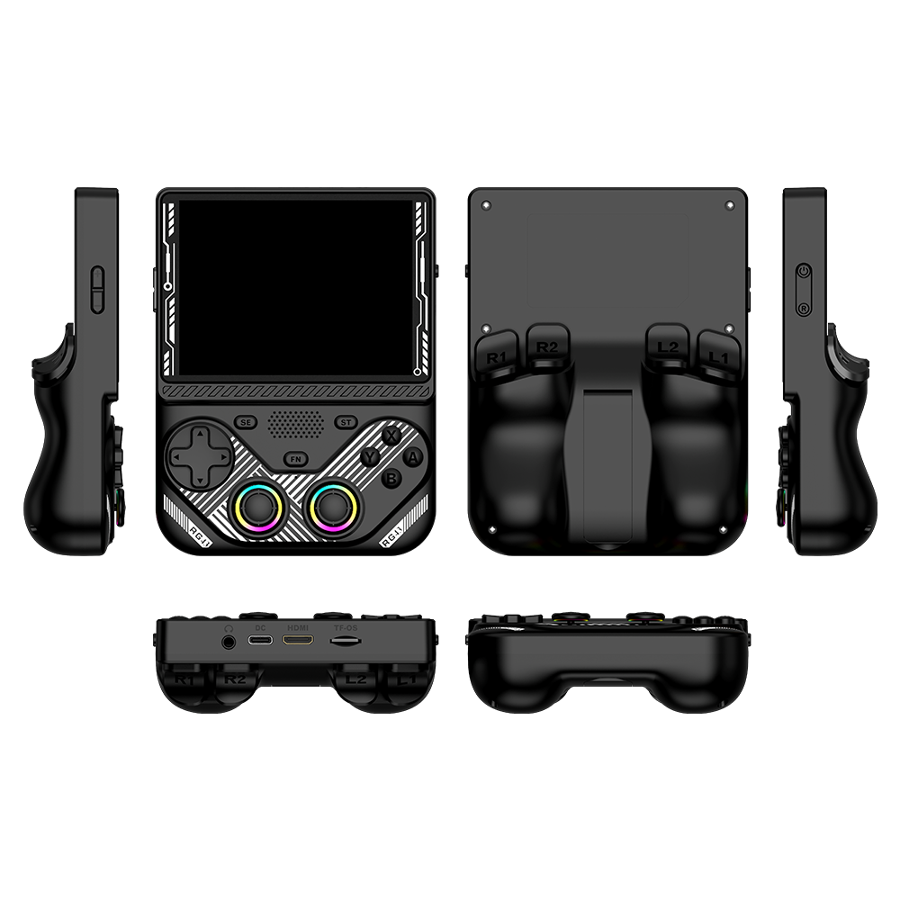Console portatile retro nera AISLPC RG43V PRO mostrata da più angolazioni, inclusi vista frontale, posteriore, laterale, superiore e inferiore.
