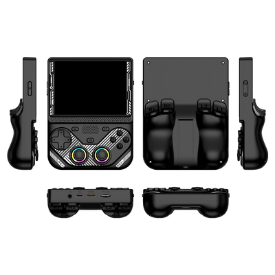 Console portatile retro nera AISLPC RG43V PRO mostrata da più angolazioni, inclusi vista frontale, posteriore, laterale, superiore e inferiore.