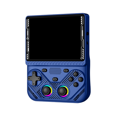Console portatile retro blu AISLPC RG43V PRO mostrata da una vista frontale angolata con un grande display e due joystick RGB.
