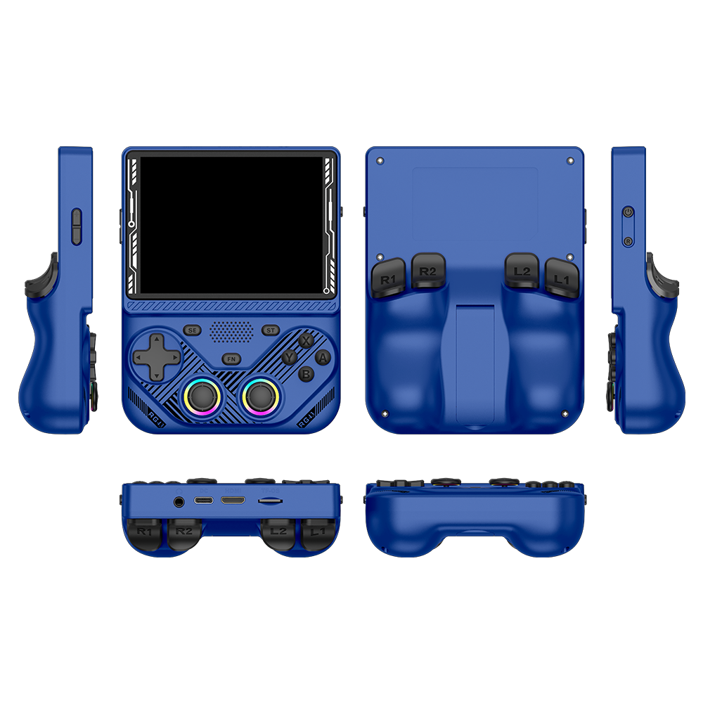 Console portatile retro blu AISLPC RG43V PRO mostrata da più angolazioni, comprese le viste frontale, posteriore, laterale, superiore e inferiore.
