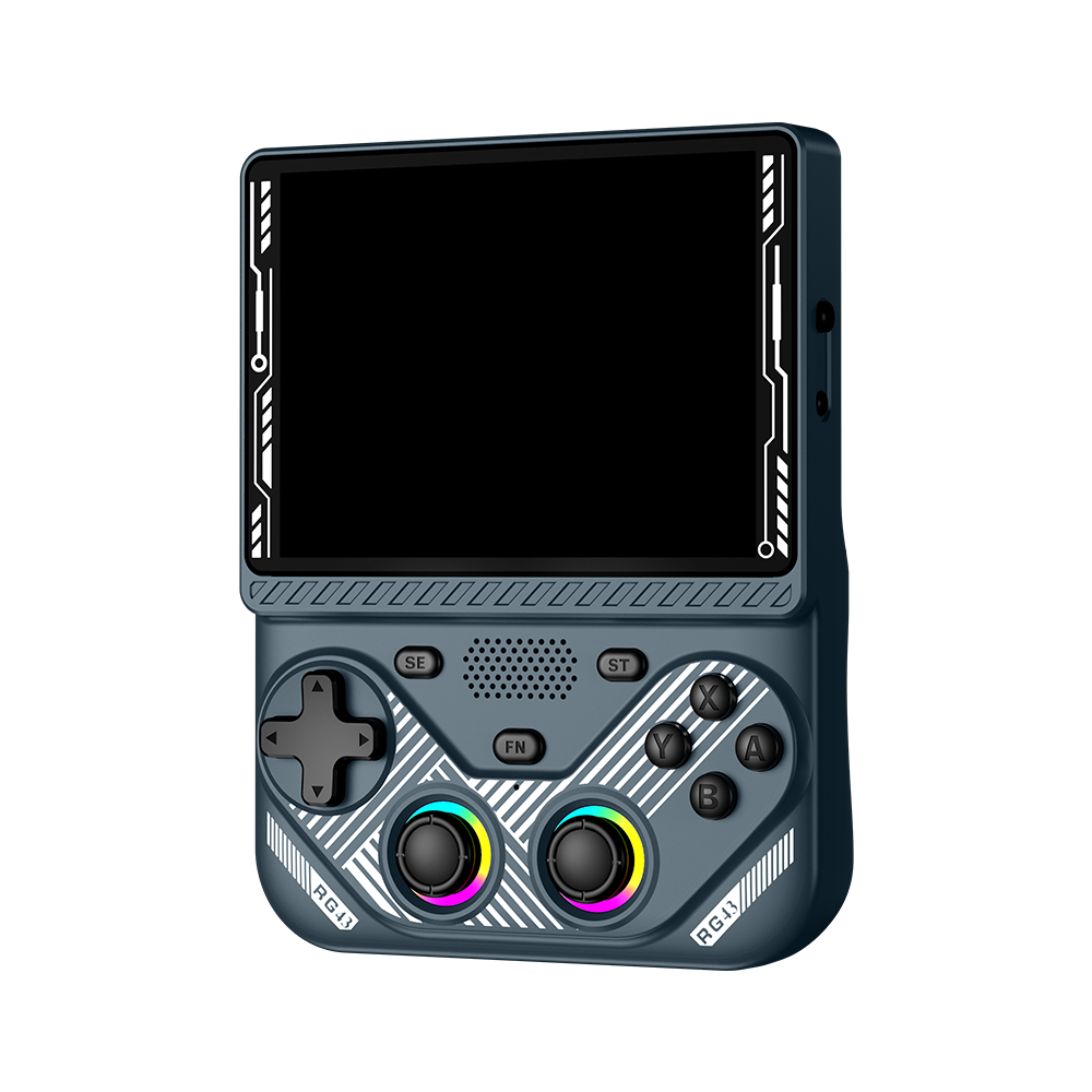 Console portatile retro grigia AISLPC RG43V PRO mostrata da una vista frontale inclinata con un grande schermo e due joystick RGB.