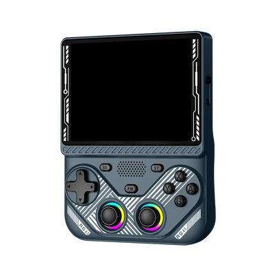 Console portatile retro grigia AISLPC RG43V PRO mostrata da una vista frontale inclinata con un grande schermo e due joystick RGB.