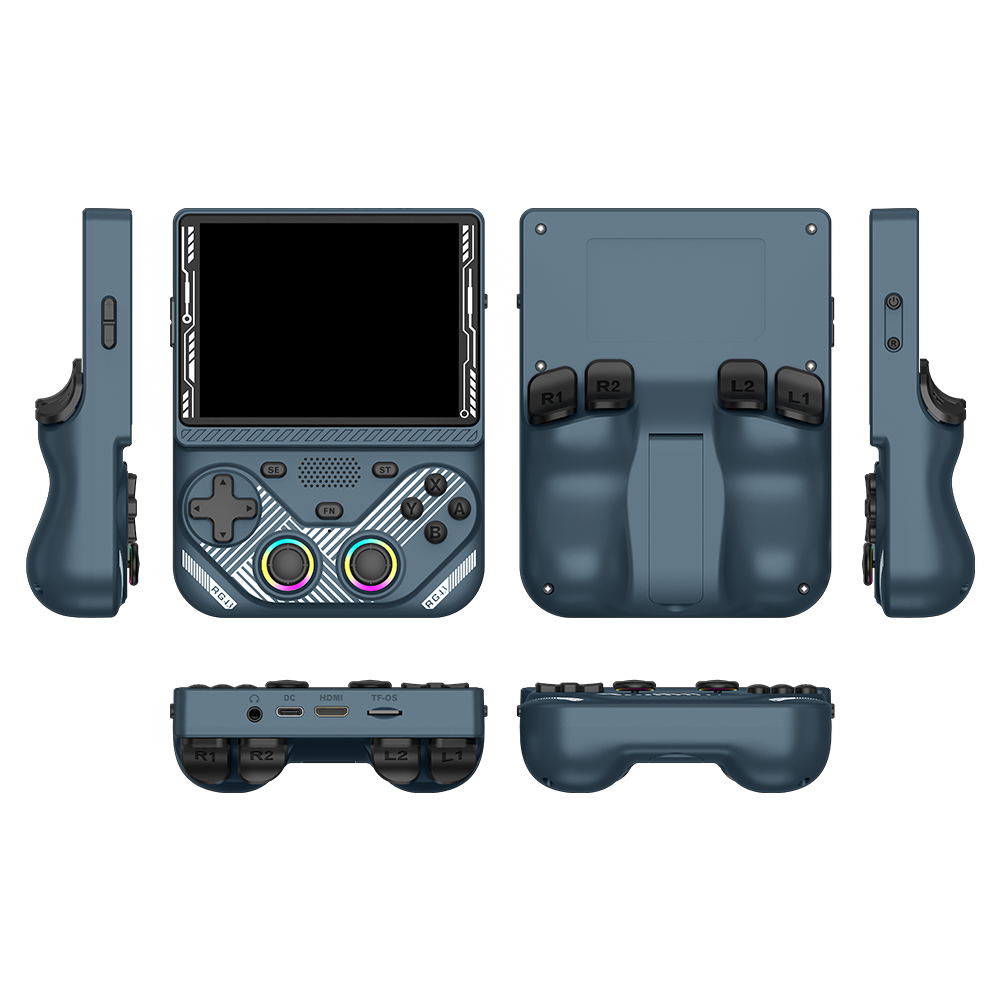 Console portatile retro grigia AISLPC RG43V PRO mostrata da più angolazioni, comprese le viste frontale, posteriore, laterale, dall'alto e dal basso.