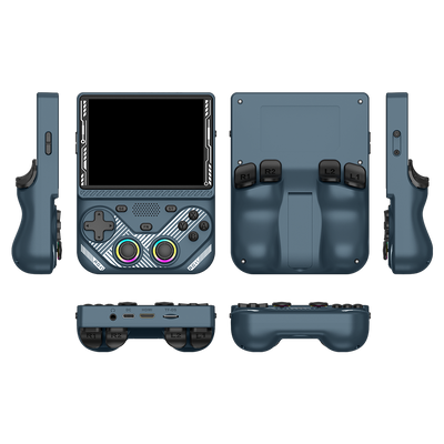 Console portatile retro grigia AISLPC RG43V PRO mostrata da più angolazioni, comprese le viste frontale, posteriore, laterale, dall'alto e dal basso.