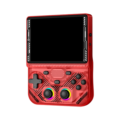 Console portatile retro AISLPC RG43V PRO rossa vista da un angolo anteriore con un grande schermo e due joystick RGB.