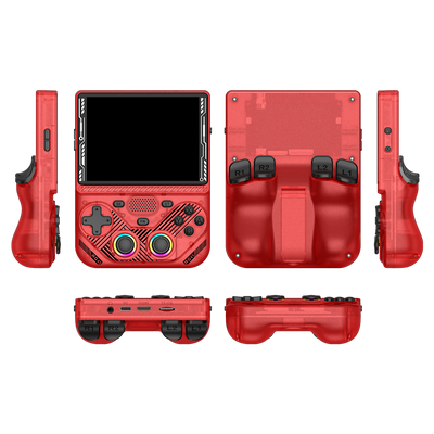 Console portatile retro AISLPC RG43V PRO rossa mostrata da più angolazioni, comprese viste frontale, posteriore, laterale, superiore e inferiore.