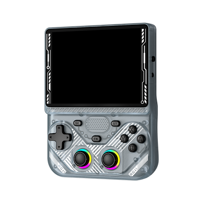 Console portatile retrò grigia trasparente AISLPC RG43V PRO mostrata frontalmente con un grande display e due joystick RGB.