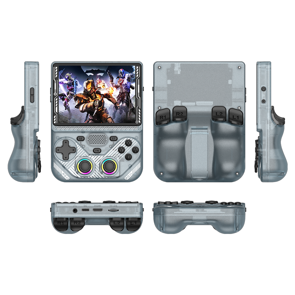 Transparent grey AISLPC RG43V PRO retro handheld game console shown from multiple angles, including front, back, side, top, and bottom views.