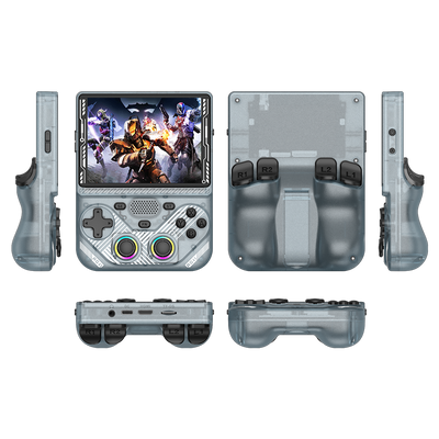Console portatile retrò grigia trasparente AISLPC RG43V PRO mostrata da più angolazioni, incluse le viste frontale, posteriore, laterale, superiore e inferiore.