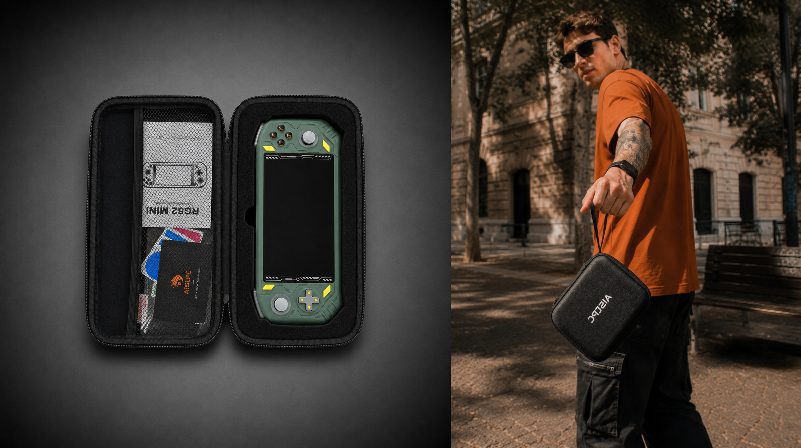 AISLPC carrying case for RG52 MINI and RG52 PRO MAX handheld game consoles shown with an open storage view and outdoor travel scene.