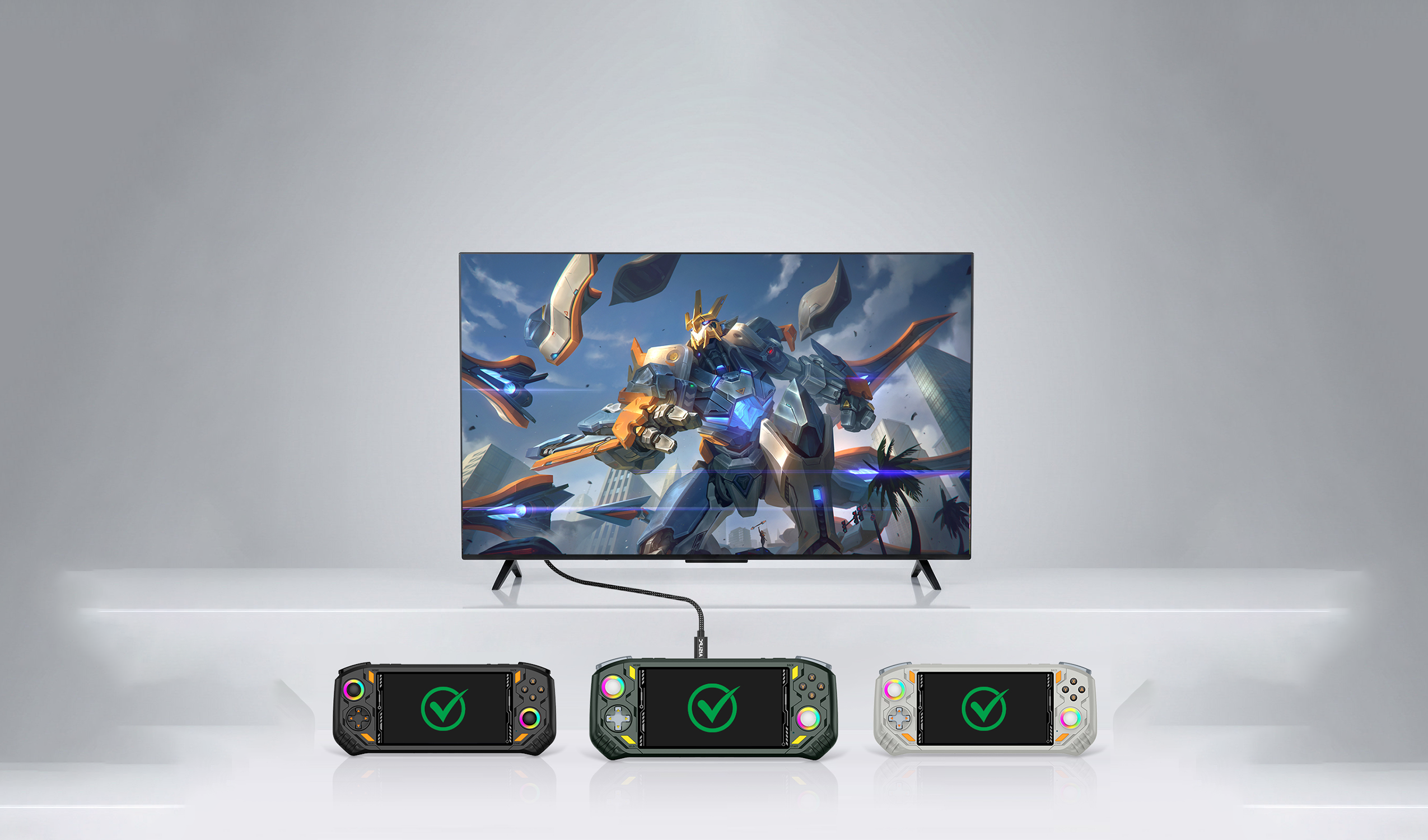 Three AISLPC RG52 MINI retro gaming handheld consoles in black, green, and white displayed below a TV, with one console connected by cable to demonstrate large-screen output compatibility.