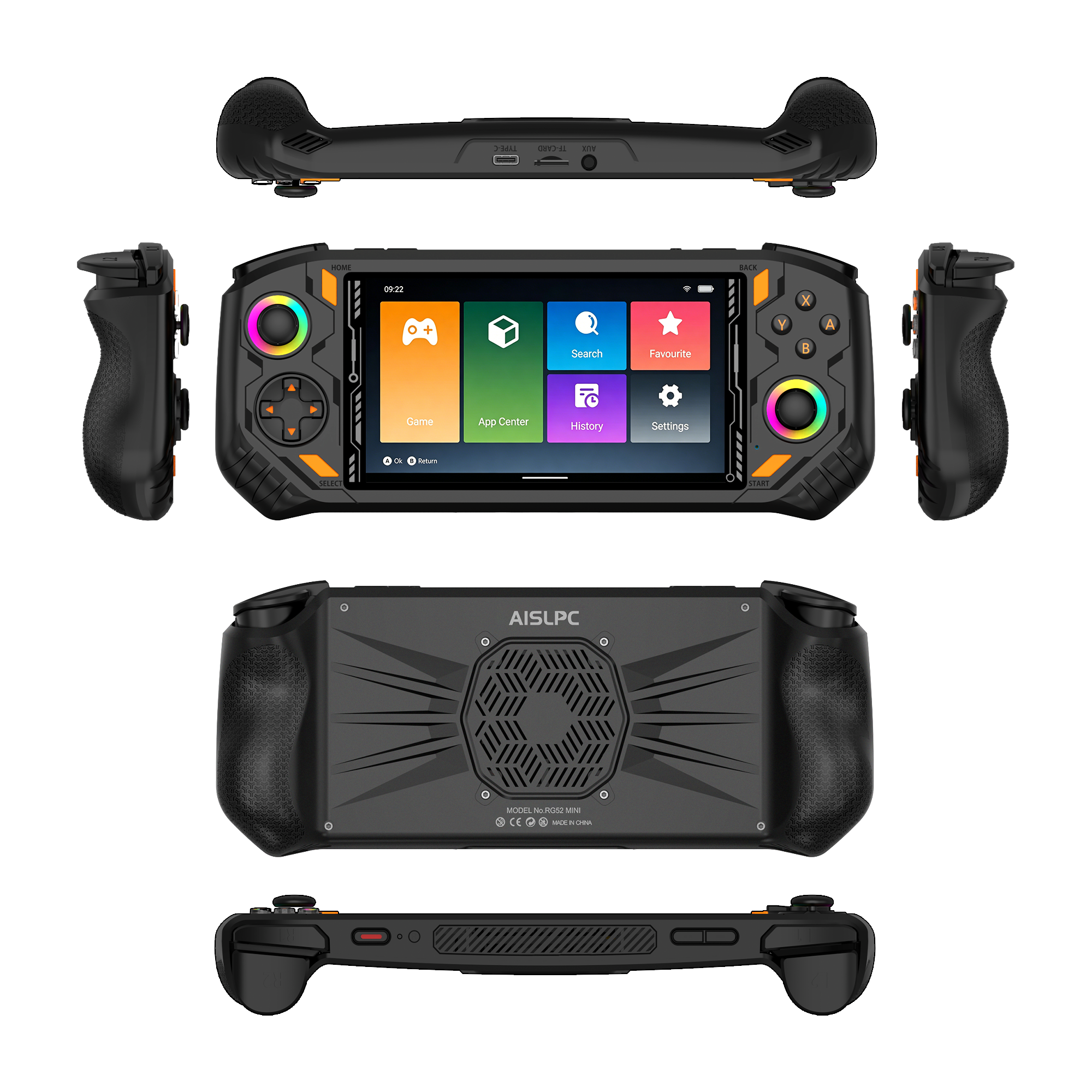 Consola portátil retro AISLPC RG52 PRO MAX negra mostrada desde múltiples ángulos, incluidas vistas frontal, posterior, lateral, superior e inferior, con joysticks duales RGB, empuñaduras ergonómicas, botones laterales y una ventilación de enfriamiento trasera.