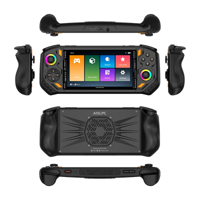 Consola portátil retro AISLPC RG52 PRO MAX negra mostrada desde múltiples ángulos, incluidas vistas frontal, posterior, lateral, superior e inferior, con joysticks duales RGB, empuñaduras ergonómicas, botones laterales y una ventilación de enfriamiento trasera.