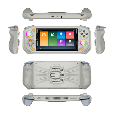 Consola portátil retro AISLPC RG52 PRO MAX gris mostrada desde múltiples ángulos, incluidas vistas frontal, posterior, lateral, superior e inferior, con joysticks duales RGB, empuñaduras ergonómicas, botones laterales y una ventilación de enfriamiento trasera.