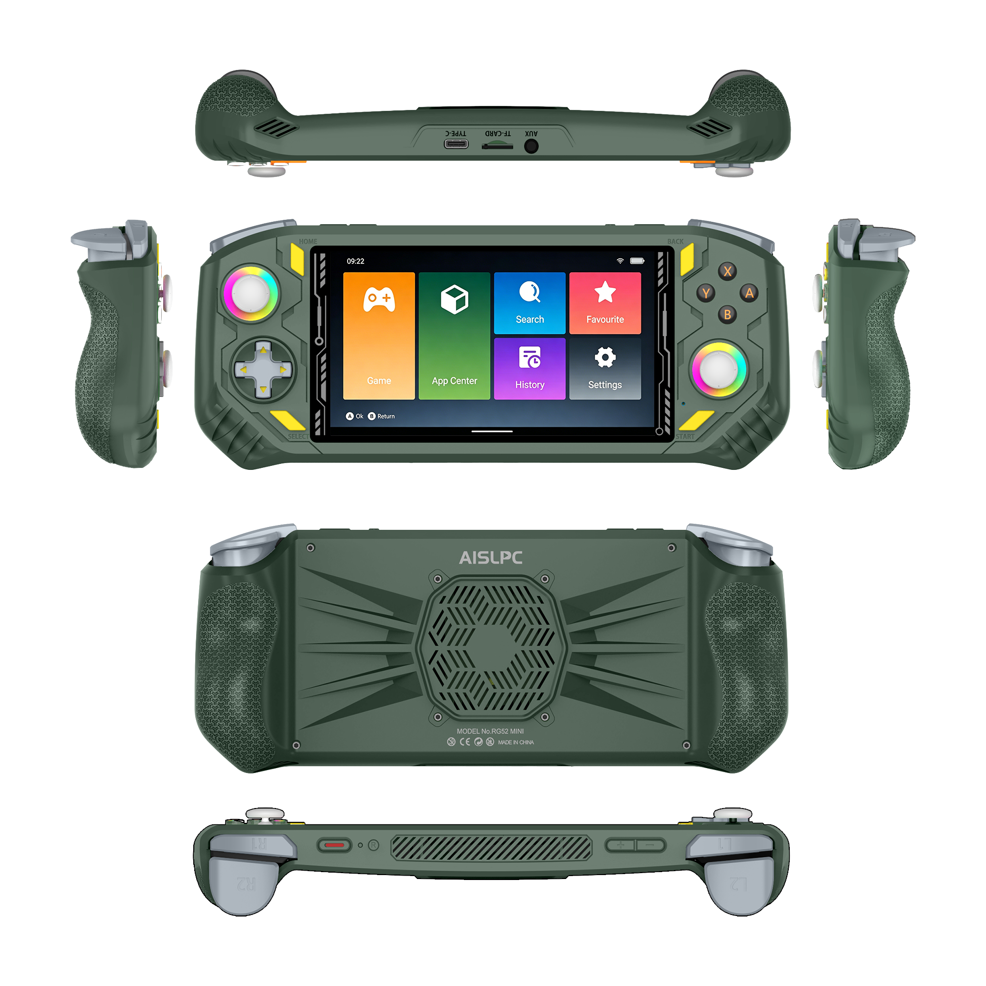 Verde AISLPC consola portátil retro RG52 PRO MAX mostrada desde múltiples ángulos, incluidas vistas frontal, posterior, lateral, superior e inferior.