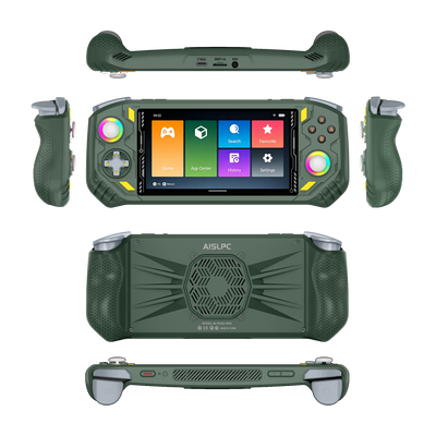 Verde AISLPC consola portátil retro RG52 PRO MAX mostrada desde múltiples ángulos, incluidas vistas frontal, posterior, lateral, superior e inferior.