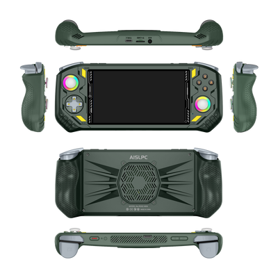 New green RG52 MINI retro gaming handheld console shown in multiple product angles, including front, back, side, top, and bottom views, featuring dual RGB joysticks, shoulder buttons, and rear cooling design.