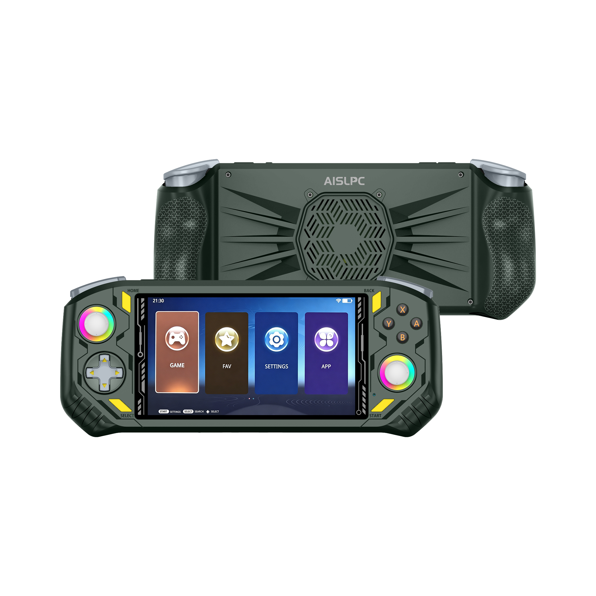 New green AISLPC RG52 MINI retro handheld game console shown from the front and back with RGB joysticks and a rugged grip design.