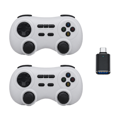 AISLPC RGPad02 dual wireless game controllers with a USB-C receiver on a transparent background.