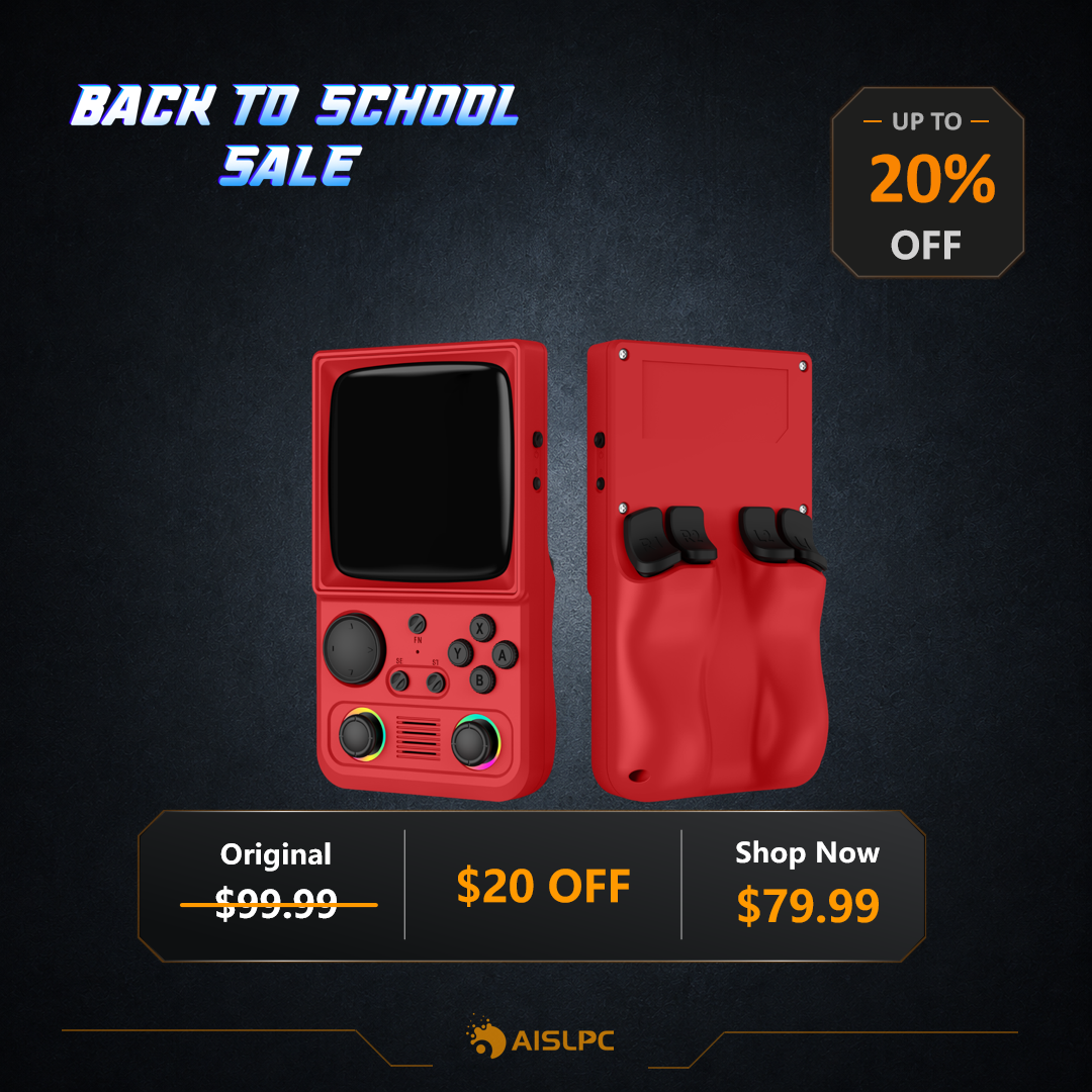 AISLPC Back-to-School-Sale-Poster mit rotem R36T MAX in Vorder- und Rückansicht, bis zu 20 % Rabatt und Aktionspreis 79,99 $ vor dunklem strukturiertem Hintergrund.