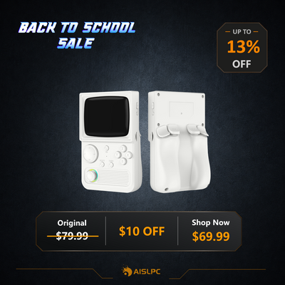 Manifesto della vendita di ritorno a scuola con la console portatile rétro da gioco R36T bianca vista frontale e posteriore, con 13% di sconto, uno sconto di $10, prezzo originale $79.99 e prezzo in offerta $69.99.