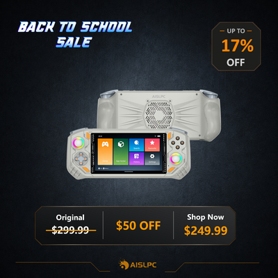 Póster de rebajas de Vuelta al cole que muestra la consola portátil gris RG52 PRO MAX con un 17% de descuento, un descuento de $50, precio original $299.99 y precio de oferta $249.99.