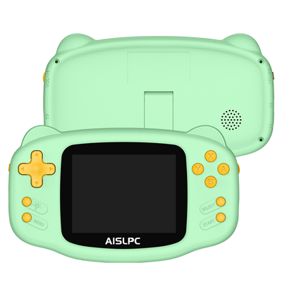 Green K32B retro gaming handheld console shown from the front and back, featuring yellow buttons, a large display, rear speaker holes, and AISLPC logo on the screen.
