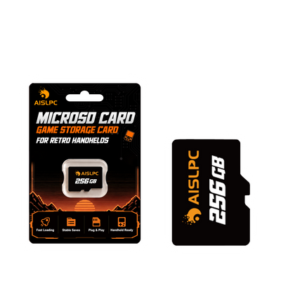 AISLPC 256GB microSD game storage card package and memory card displayed on a transparent background for retro handheld accessories.