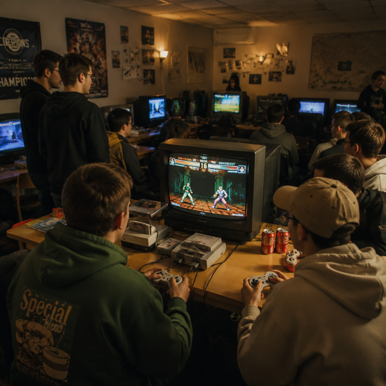 „Our Story“-Bild eines Retro-Gaming-Community-Events, bei dem Spieler gemeinsam mit Controllern und CRT-Fernsehern klassische Videospiele spielen.