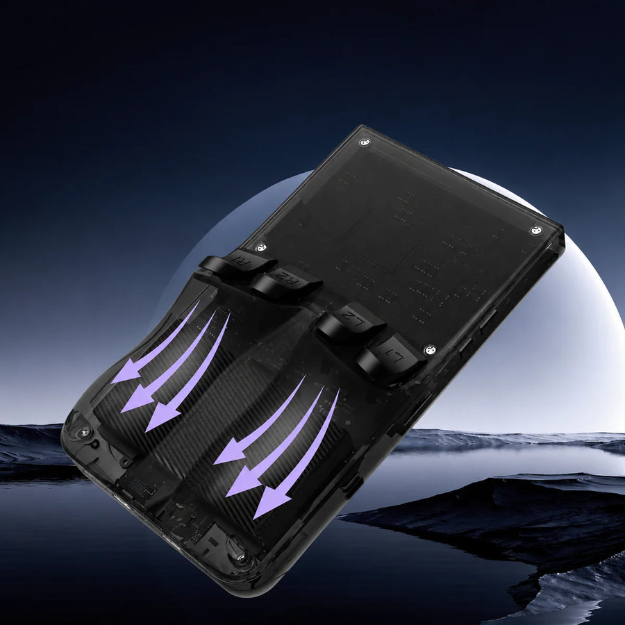 Back view of a black R36 MAX retro gaming handheld console with a transparent rear shell, shoulder buttons, and purple airflow arrows showing the cooling design.