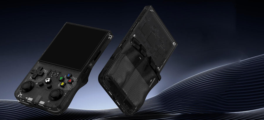 Black R36 MAX retro gaming handheld console shown from the front and back, featuring a transparent shell, dual joysticks, and rear grip design on a dark wave background.