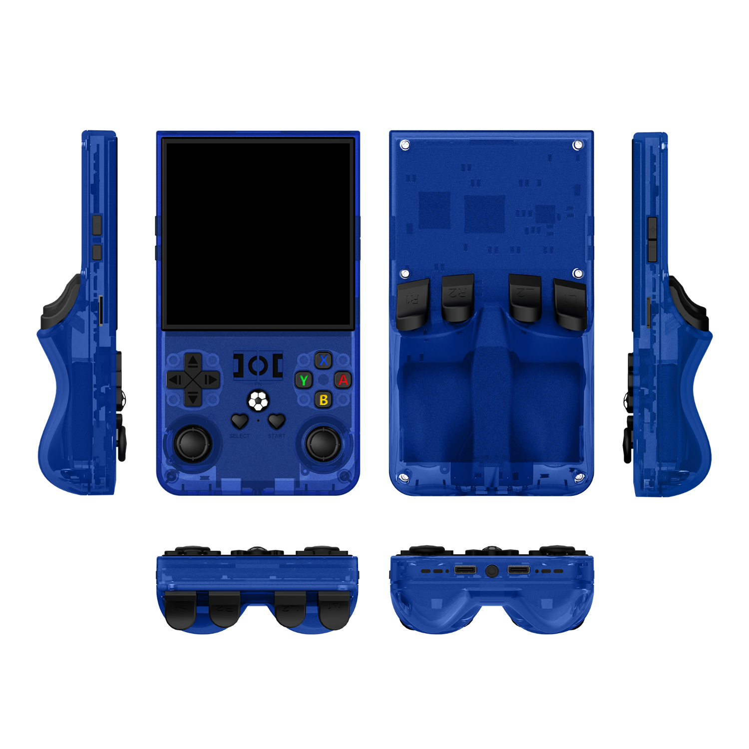 Blue R36 MAX retro gaming handheld console shown in multiple product angles, including front, back, side, top, and bottom views, featuring a transparent shell, dual joysticks, and an ergonomic rear grip design.